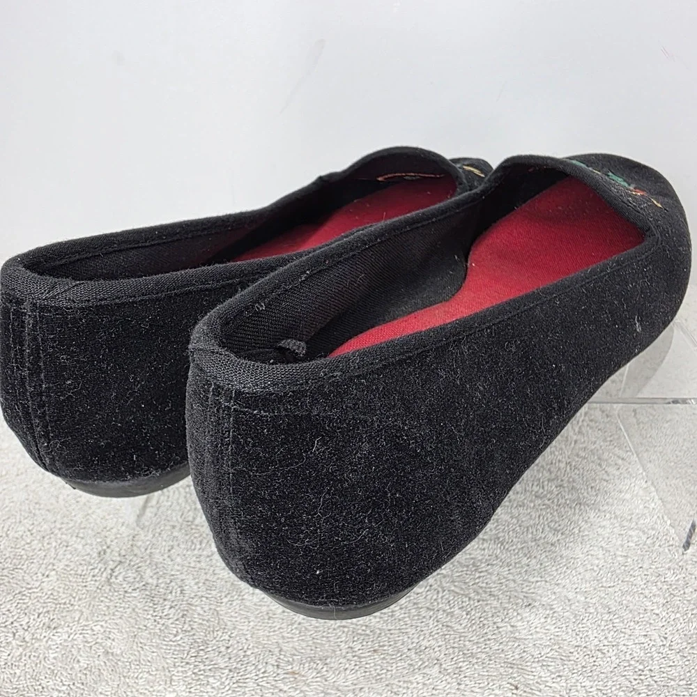 Vintage Christmas Holiday Flats Black Velvet Shoes Jingle Bells Holly SIZE 9